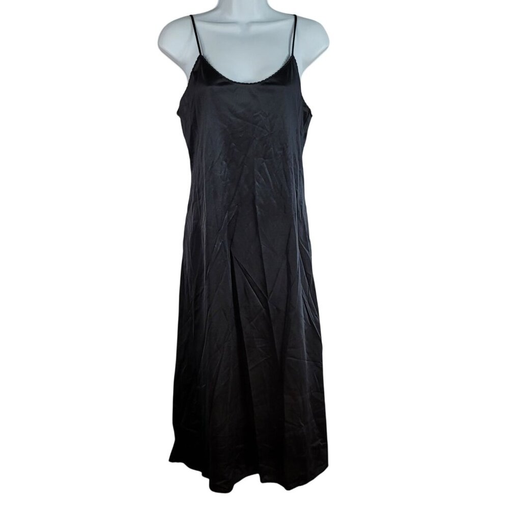 Vassarette Full Length Slip Black Size 36 Adj Strap Scoop Neck Scalloped Trim St